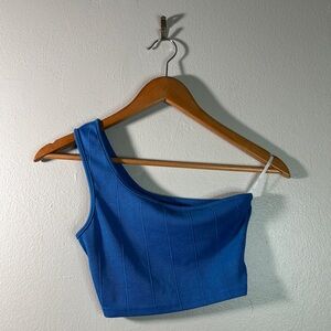 Clean Girl Vibrant Blue Ribbed Soft Sensual One-Shoulder Casual Women's Crop Top